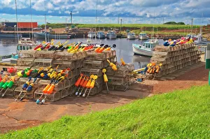 Brae Prints: Lobster traps and buoys in coastal village Sea Cow Pond, Prince Edward Island, Canada