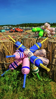 Buoys Prints: Lobster traps on shore at the close of season