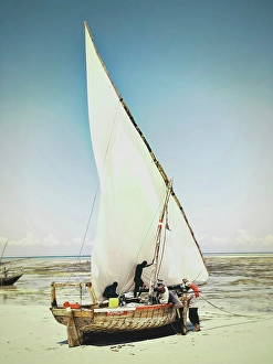 Dhow Prints: Local fishermen preparing their dhow for a fishing trip out at sea