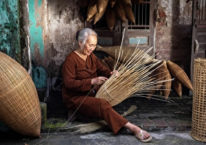 Local Woman Prints: Local woman making traditional bamboo fish traps, Thu Sy Village, near Hanoi, Vietnam