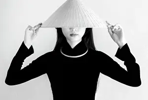 B And W Prints: Local woman wearing tradtional Ao Dai dress and conical hat at Minh Mang King Tomb
