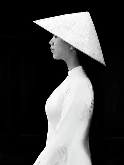 B And W Prints: Local woman wearing tradtional Ao Dai dress and conical hat at Minh Mang King Tomb