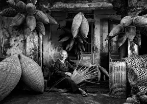 Hanoi Prints: Local women making traditional bamboo fish traps