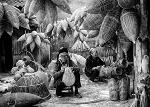 B And W Prints: Local women making traditional bamboo fish traps, Thu Sy Village, near Hanoi, Vietnam