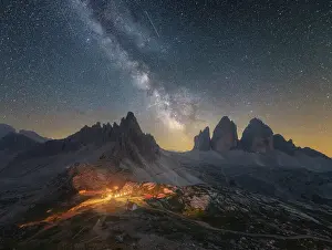 Milky Way Prints: The Locatelli Hut (Dreizinnenhut) with the milky way above the Tre Cime and Mt