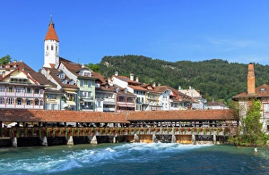 Thun Prints: Mill Lock Bridge, Thun Town Church and Aare River, Thun, Canton of Bern, Switzerland