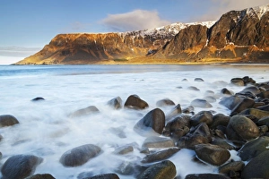 Unstad Prints: Lofoten islands, Norway, Europe. The last lights of the sunset on the beach