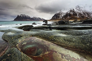 Lofoten, Norway. The famous eye of Utakleiv, one of the many features of the beach