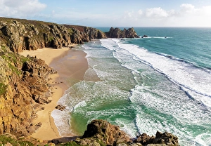 Logan Rock Prints: Logan Rock and Pednvounder Beach from Treen Cliff, near Porthcurno, Cornwall, England