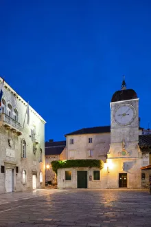 Clocks Prints: Loggia and Clock Tower at Night, Trogir, Dalmatian Coast, Croatia, Europe