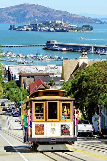 Cable Car Prints: Lombard Street with Cable Car and Alcatraz in the background
