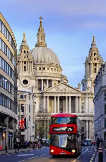 A London bus on Ludgate hill in front of St Pauls Cathedral by Christopher Wren