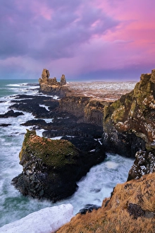 Nordic Prints: Londrangar stacks at sunrise in winter. Snaefellsnes peninsula, Iceland