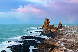 West Iceland Prints: Londrangar stacks at sunrise in winter. Snaefellsnes peninsula, Iceland