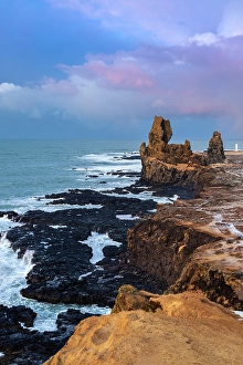 West Iceland Prints: Londrangar stacks at sunrise in winter. Snaefellsnes peninsula, Iceland