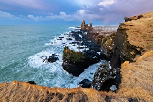 West Iceland Prints: Londrangar stacks at sunrise in winter. Snaefellsnes peninsula, Iceland