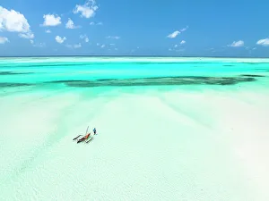 Beauty Prints: Lone fisherman with dhow approaching to the sea, Paje, Jambiani, Zanzibar, Tanzania