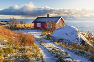 Rorbuer Prints: Lone Rorbu at sunset near Hamnoy during winter sunset