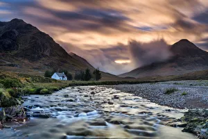 Time Of Day Prints: Lone White Cottage by River Coupall, Glen Coe, Highlands, Scotland