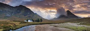 Time Of Day Prints: Lone White Cottage by River Coupall at Sunset, Glen Coe, Highlands, Scotland