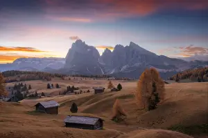 Malga Prints: The lonely cabins of the Alpe di Siusi (Seiser Alm) during a peaceful autumn morning