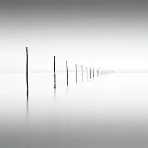 B And W Prints: Long exposure image, wooden posts, Holy Island, Lindisfarne, Northumberland, England