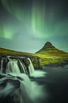 Icelandic Gallery: Long exposure landscape with waterfalls and aurora borealis above Kirkjufell Mountain