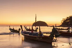 Holiday Destination Prints: Long tail boats on Kata Beach at sunset, Phuket, Thailand