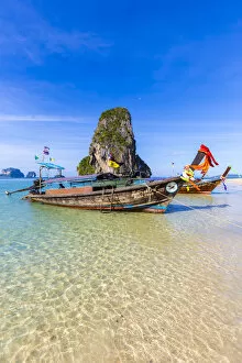 Images Dated 5th February 2016: Longtail boats on, Phra Nang beach, Railay Peninsula, Krabi Province, Thailand