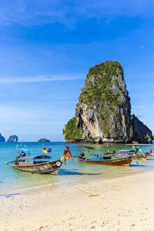 Images Dated 5th February 2016: Longtail boats on, Phra Nang beach, Railay Peninsula, Krabi Province, Thailand