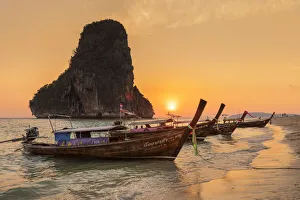 Longtail Boats Prints: Longtail boats on Phra Nang Beach at sunset, Railay Peninsula, Krabi Provonce, Thailand