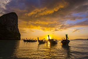 Longtail boats on West Railay beach, Railay Peninsula, Krabi Province, Thailand