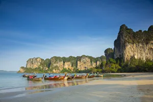 Longtail boats on West Railay beach, Railay Peninsula, Krabi Province, Thailand