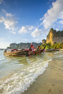 Longtail boats on West Railay beach, Railay Peninsula, Krabi Province, Thailand