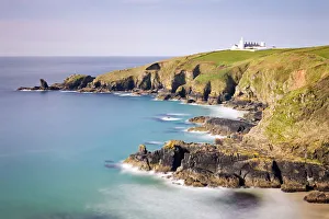 Looking across Housel Bay to The Lizard Lighthouse, Lizard, Cornwall, England. Spring