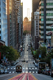 San Francisco Prints: Looking down Van Ness Avenue towards Bay Bridge, San Francisco, California, USA