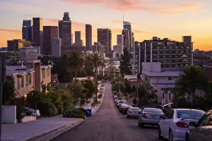 Los Angeles Downtown at sunset as seen from Figueroa District