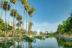 Americana Prints: Los Angeles Skyline Reflecting in Echo Park Lake, California, USA