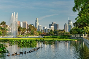 Americana Prints: Los Angeles Skyline Reflecting in Echo Park Lake, California, USA