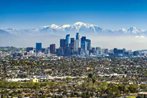 City Break Prints: Los Angeles Skyline and Snow Capped San Gabriel Mountains, California, USA