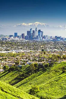Los Angeles Skyline and Snow Capped San Gabriel Mountains, California, USA