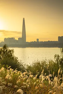 Contemporary Architecture Prints: Lotte World Tower and Han River at sunrise, Seoul, South Korea