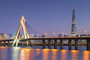 Han River Prints: Lotte World Tower and Olympic Bridge at dusk, Seoul, South Korea
