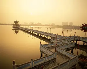 Lotus Lake Prints: Lotus Lake / Nine Cornered Bridge & Wuli Pagoda / Dawn / Sunrise