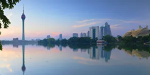 Images Dated 10th June 2019: Lotus Tower on Beira Lake at dawn, Colombo, Sri Lanka
