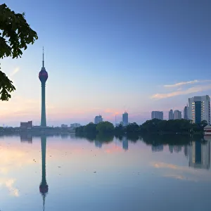 Images Dated 10th June 2019: Lotus Tower on Beira Lake at dawn, Colombo, Sri Lanka