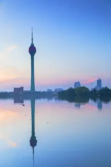 Ceylon Prints: Lotus Tower on Beira Lake at sunrise, Colombo, Sri Lanka