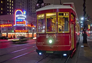 New Orleans Prints: Louisiana, New Orleans, Canal Street, Streetcar, Walgreens Drug Store, 1938