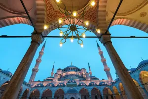 Pillar Prints: Low angle shot of Blue Mosque at twilight