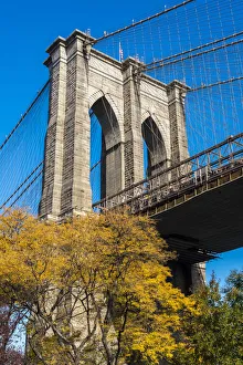 Suspension Bridge Prints: Low angle view of Brooklyn Bridge, Brooklyn, New York, USA